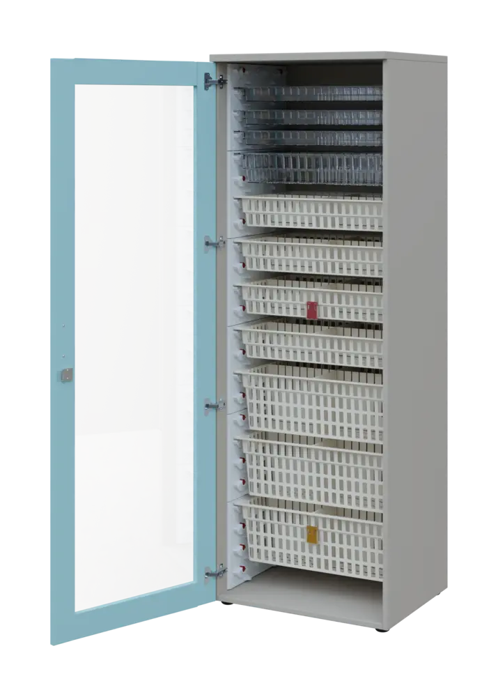 EUROMEDICA S - 66 skříň léková boxová, 1-dveřová/prosklená, levá, 1950x660x535, korpus šedý, dvířka obloha